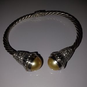 Diamonique Hinged Cable Cuff 925 silver Bracelet with Pearl on each End